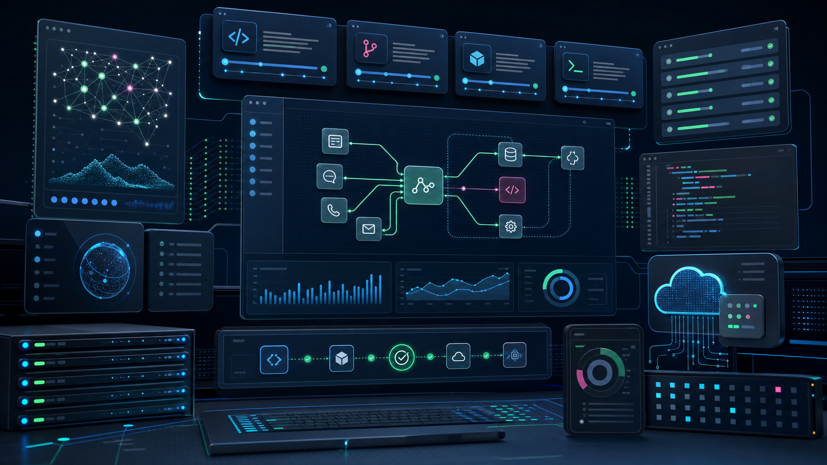 Technical dashboard collage showing automation, agent tooling, API, and backend workflows